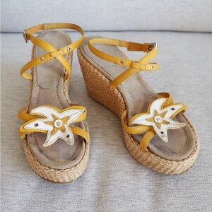 Prada Wedge Sandals – Yellow Leather & Raffia Y2K, US 7,5